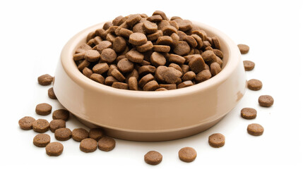 Fototapeta premium A bowl brimming with brown pet kibble against a white background.
