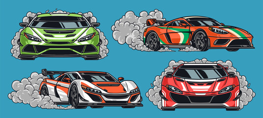 Racing cars colorful set elements - obrazy, fototapety, plakaty