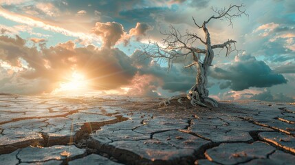 Dry cracked land with dead tree and sky in background a concept of global warming, environment, save, protect, earth, global warming, reduce, planet, growth, nature, ecosystem - obrazy, fototapety, plakaty