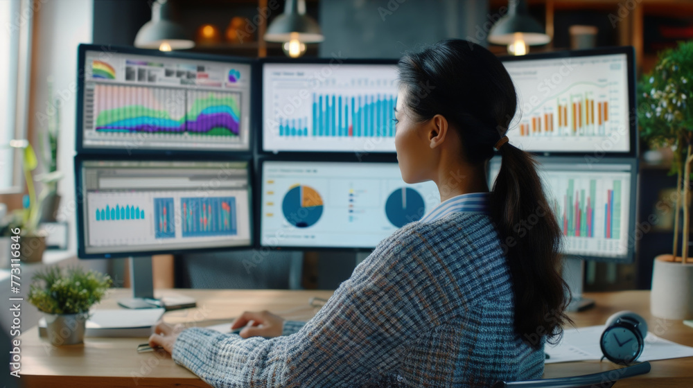 Poster a woman is seated at a desk in front of several computer screens, engaged in work or research. the s