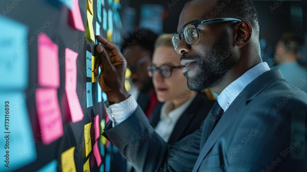 Poster a diverse group of individuals standing around a board covered with colorful sticky notes, engaged i