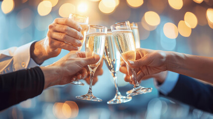 Several individuals raising glasses of champagne in a celebratory toast, with smiles on their faces