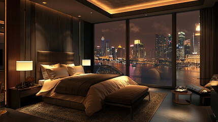A deluxe bedroom interior featuring a breathtaking view of the night cityscape. The room is adorned...