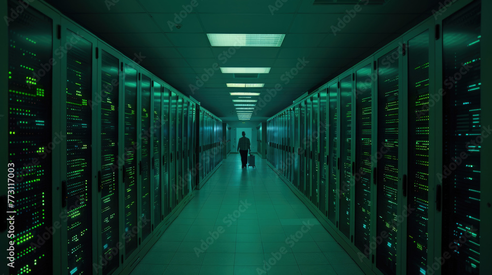 Poster a man in business attire walking down a well-lit hallway lined with servers in a server room setting