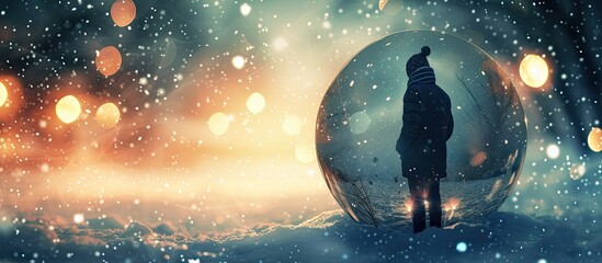 Figure trapped inside a snow globe, surreal sadness concept ❄️🔮 Facing backward, lost in a world of whimsical sorrow #SurrealMelancholy