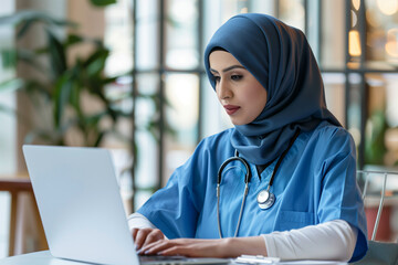 Middle Eastern female doctor in hijab concentrated on laptop work, suited for diverse healthcare representation. - Powered by Adobe
