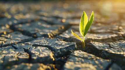 A seed sprouting through the cracked earth during the drought, depicts the arrival of rain  - obrazy, fototapety, plakaty