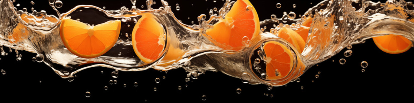Macro fruit photography, orange slices in the air, freeze motion, liquid flying