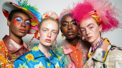 A diverse group of women showcasing vibrant makeup and colorful hairstyles