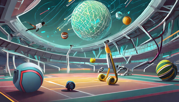 Create an image of futuristic sports and athletics with advanced equipment and venues."