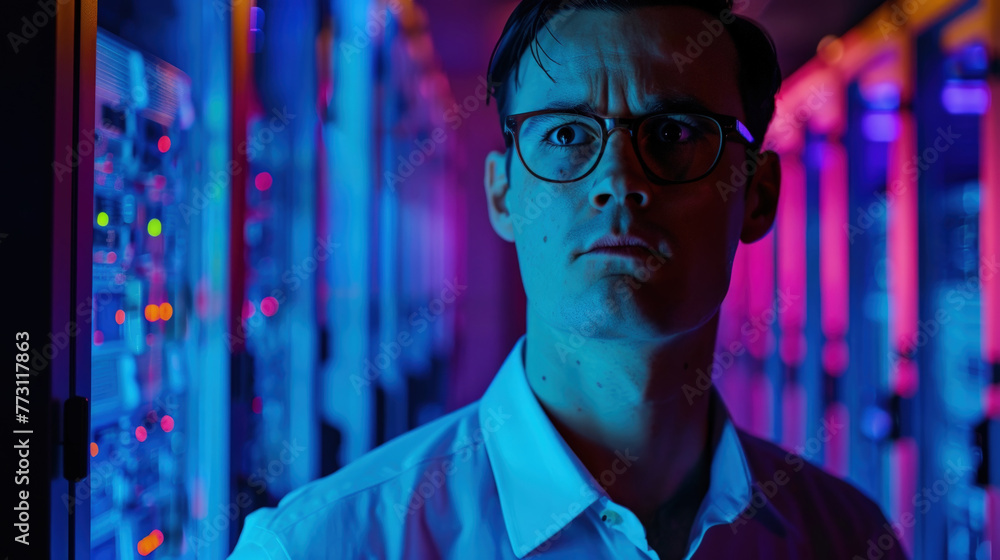 Poster a man in professional attire standing next to a row of server racks in a server room, surrounded by 