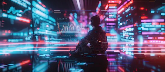 Man in headset views futuristic market hologram, seated on floor 📈🎧 Immersed in digital finance, no chair needed #TechInvesting - obrazy, fototapety, plakaty