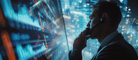 Professional multitasks: phone call while viewing holographic stock display 📱📈 Efficiently managing tasks with tech integration #WorkplaceSurreal