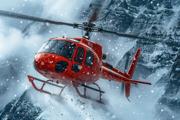 A red rescue helicopter during search and rescue work in the mountains. A helicopter searching for people in mountain forests. Aerial mission saves lives.