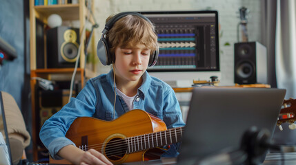 Home recording studio, a young musician with a guitar records music in a home studio.