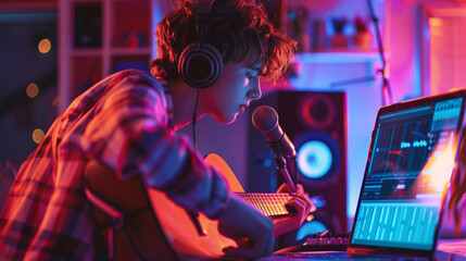 Home recording studio, a young musician with a guitar records music in a home studio with neon...
