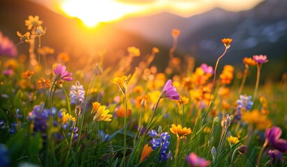 Multicolored flowers in the foreground with a sunrise in the background. 