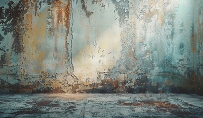 Abandoned wall with rust streaks and flaking paint. The concept of decay and oblivion. - obrazy, fototapety, plakaty