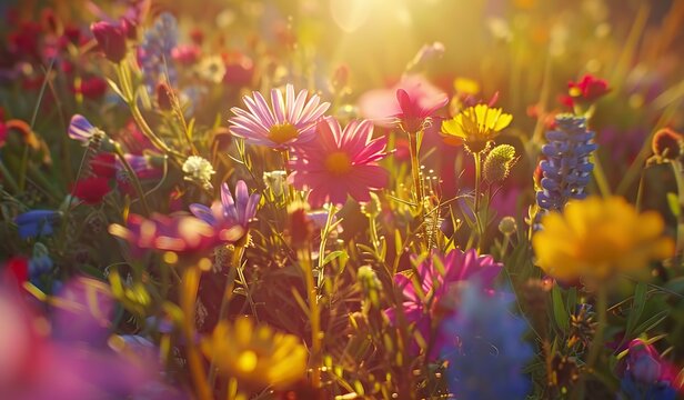 Multicolored Flowers In The Foreground With A Sunrise In The Background. The Concept Of Spring Blooming And New Beginnings.