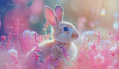 Fototapeta na wymiar Rabbit with pink ears in a blooming pink field. The concept of spring nature and cuteness.