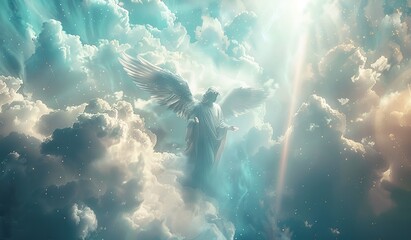 Angel with wings flying among clouds on a heavenly backdrop. The concept of the celestial or spiritual.