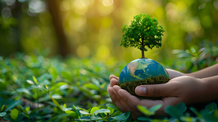 Hands holding tree and earth globe over green, symbolizing environmental protection and sustainability for international day of forests concept.