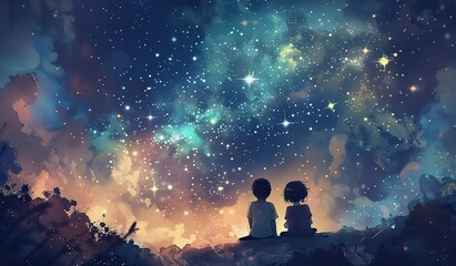 Children sitting on a rock gazing at the starry sky. The concept of childlike wonder and the grandeur of the cosmos.