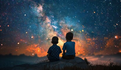 Two children sitting and looking at the Milky Way. The concept of childlike amazement and the grandeur of the universe. - obrazy, fototapety, plakaty