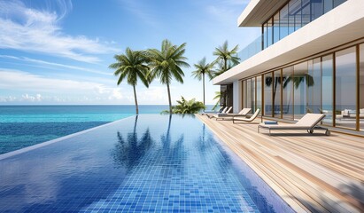 Luxurious house by the pool overlooking the sea. The concept of leisure and contemporary architecture.