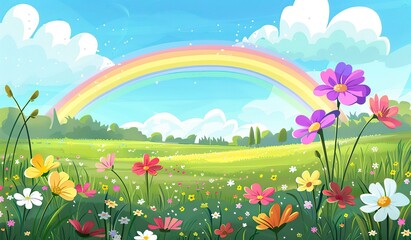 Cartoon meadow with a rainbow and flowers. The concept of whimsical nature and optimism.