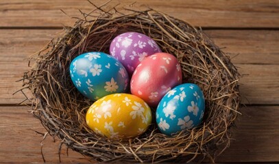 Fototapeta na wymiar Colorful easter eggs in a nest on a wooden table, overhead photo for easter holiday