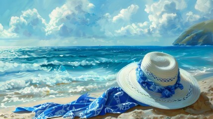 Fototapeta na wymiar KS Blue and white beach hat with scarf on san 