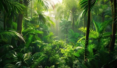Tropical forest with sunlight piercing through foliage. The concept of nature and the tropics.