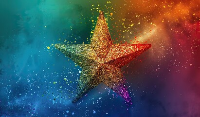 Glitter-covered star on a multicolored background. The concept of celebration and joy.