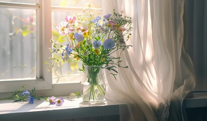 Flowers in a vase on a windowsill with sunlight. The concept of morning freshness.
