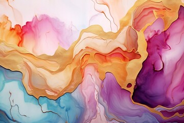 Colorful abstract marble background, alcohol ink art liquid fluid marbled luxury texture. Pink blue white purple gold mixture of colors and gold lines. Waves and swirls.