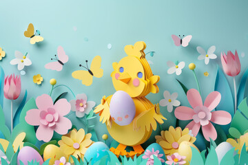 Fototapeta na wymiar Easter Chick Paper Cut Art: Egg, Flowers, Butterflies