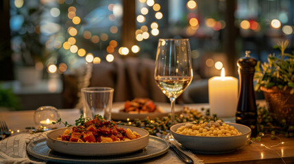 A table with a variety of food and drinks, including wine and a candle