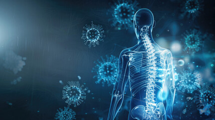 illustration of the human body with blue color and show some virus cells spreading in it