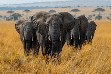 In the national parks of Africa, a family of elephants roams the savannah, representing the wild landscape. - obrazy, fototapety, plakaty