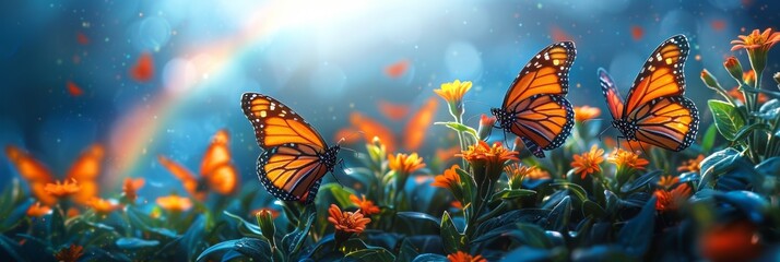 Butterflies gracefully flutter among the bright and colorful flowers, under the bright rays of the sun.