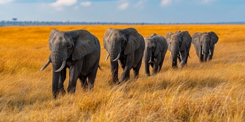 In the vast wilderness of Africa, a majestic herd of elephants roams freely, embodying nature's splendor.