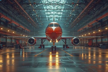 Passenger airplane on maintenance in airport hangar - obrazy, fototapety, plakaty