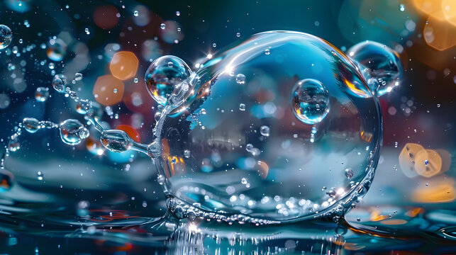 Liquid bubble, a molecule inside a liquid bubble against a background of splashing water 