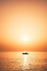 Naklejka na ściany i meble the sun setting over a calm ocean with a small boat sailing across it