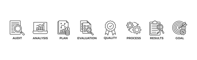 Assessment banner web icon vector illustration for accreditation and evaluation method on business and education with audit, analysis, plan, evaluation, quality,process,results and goal icon