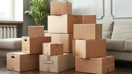 A stack of cardboard boxes are piled on top of each other in a living room. The boxes are of different sizes and are stacked in a way that they are leaning against the wall. The room has a cozy