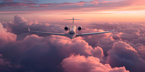 Private jetplane flying above amazing clouds - obrazy, fototapety, plakaty