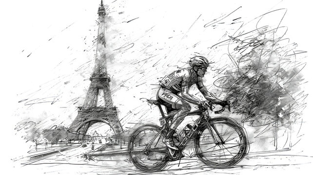 A man is riding a bicycle in front of the Eiffel Tower. The image has a mood of excitement and adventure, as the man is on a bike and the Eiffel Tower is a symbol of Paris