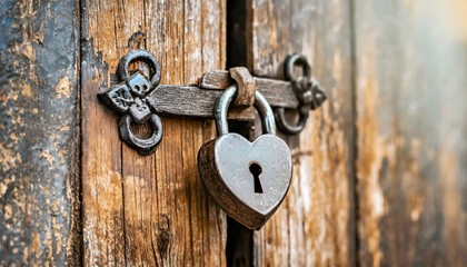 Close-up of an old wooden door with a large wrought iron latch and heart-shaped padlock. Generative Ai.